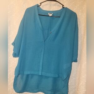 Blue Sheer V Neck Blouse